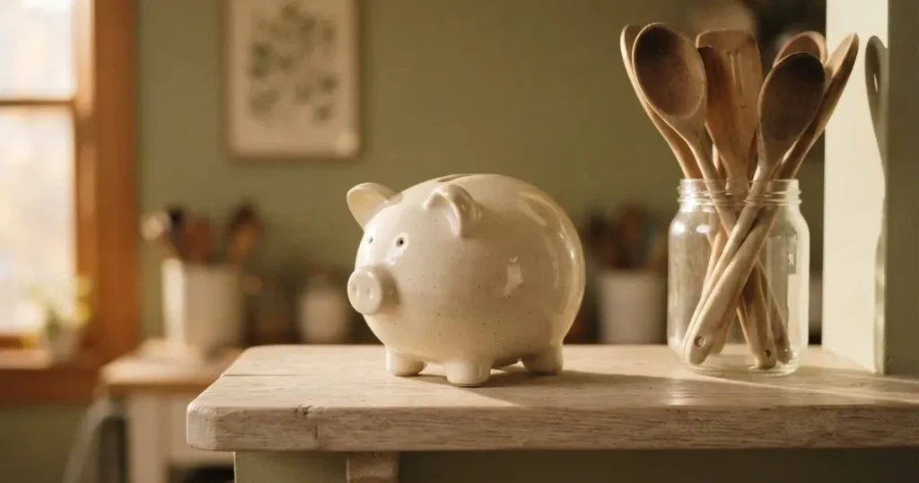 Ein Sparschwein aus Keramik steht auf einem Küchenregal neben einem Glas mit Holzlöffeln.