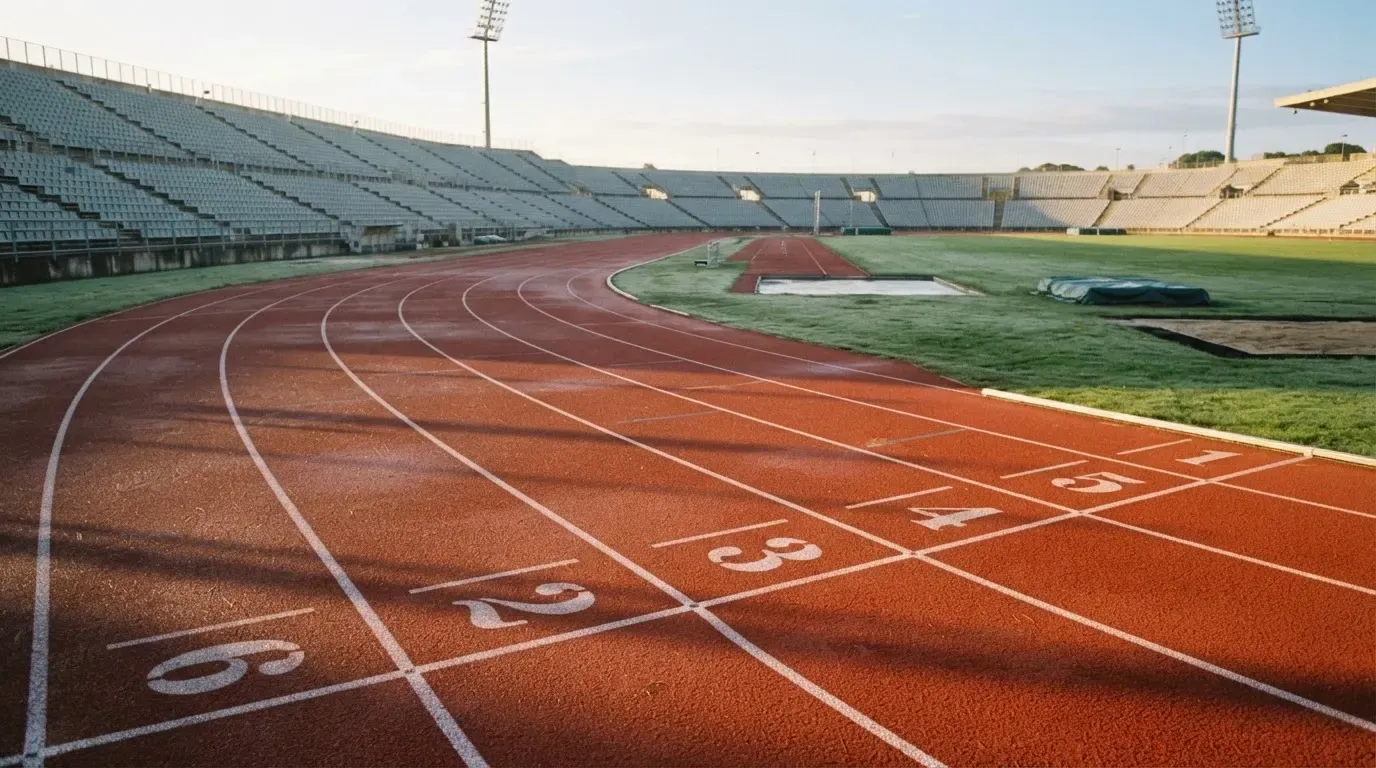 Eine leere Tartanbahn einer Leichtathletikanlage am frühen Morgen, Tau auf den Rasenflächen daneben und tiefstehende Sonne.