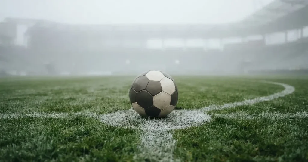 Ein Fussball liegt auf dem Anstosspunkt eines leeren Rasenplatzes im dichten Morgennebel.