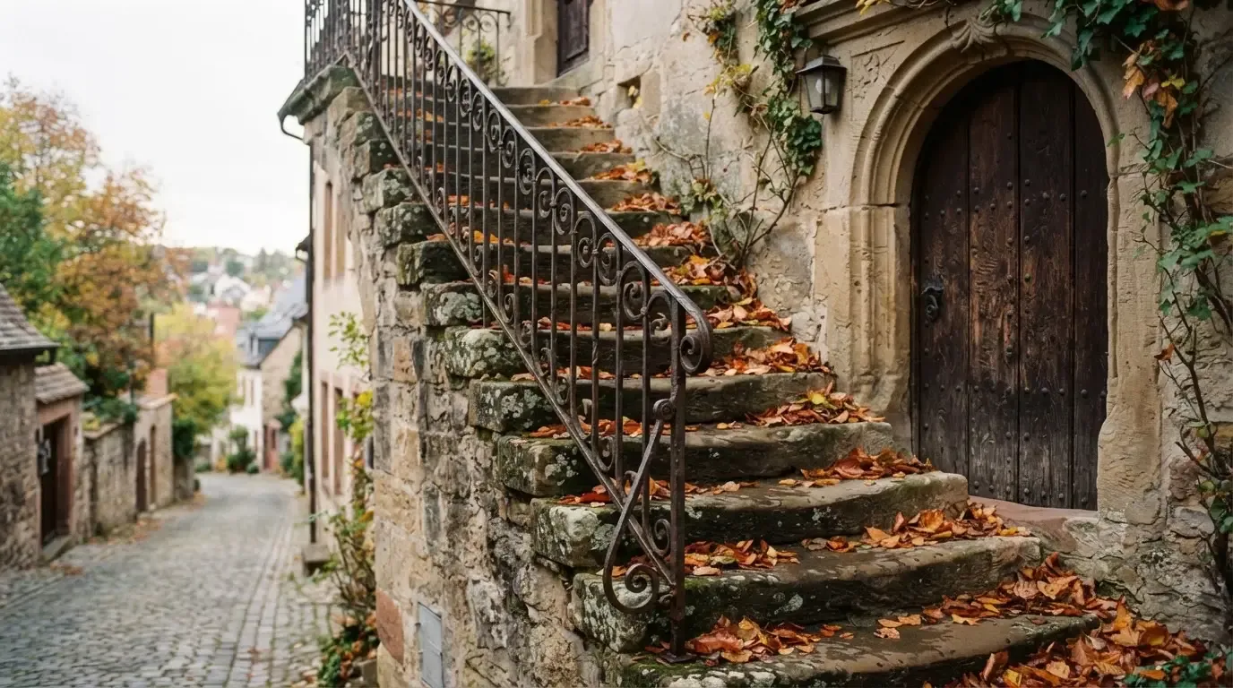 Eine Steintreppe mit Geländer führt zu einer hohen Holztür eines alten Gebäudes, Herbstlaub liegt auf den Stufen.