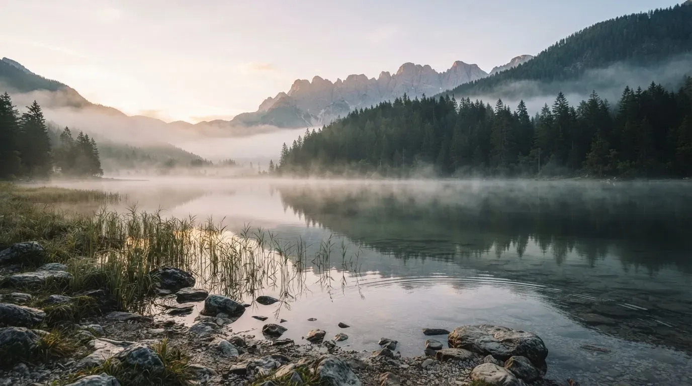 Ein ruhiger Bergsee mit Nebel am Ufer bei Sonnenaufgang, am Hang dahinter dunkle Tannen.