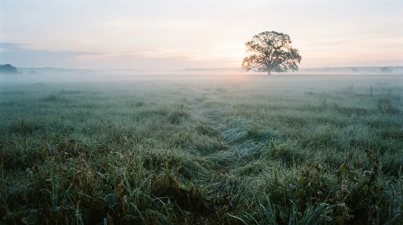 Eine Wiese mit Bodennebel am frühen Morgen, in der Ferne ein einzelner Baum vor hellem Horizont.