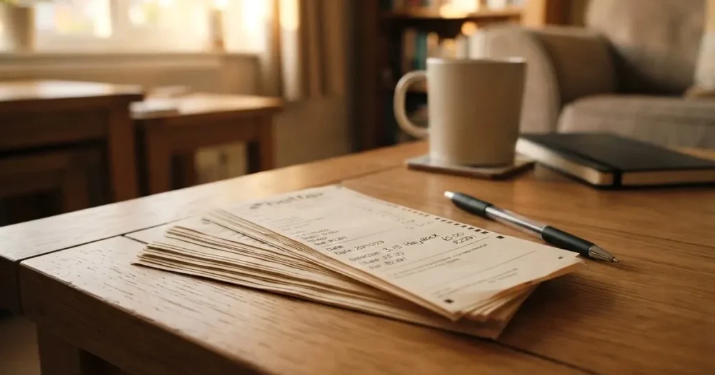 Ein Stapel unbedruckter Papierscheine liegt neben einem Kugelschreiber auf einem Holztisch.