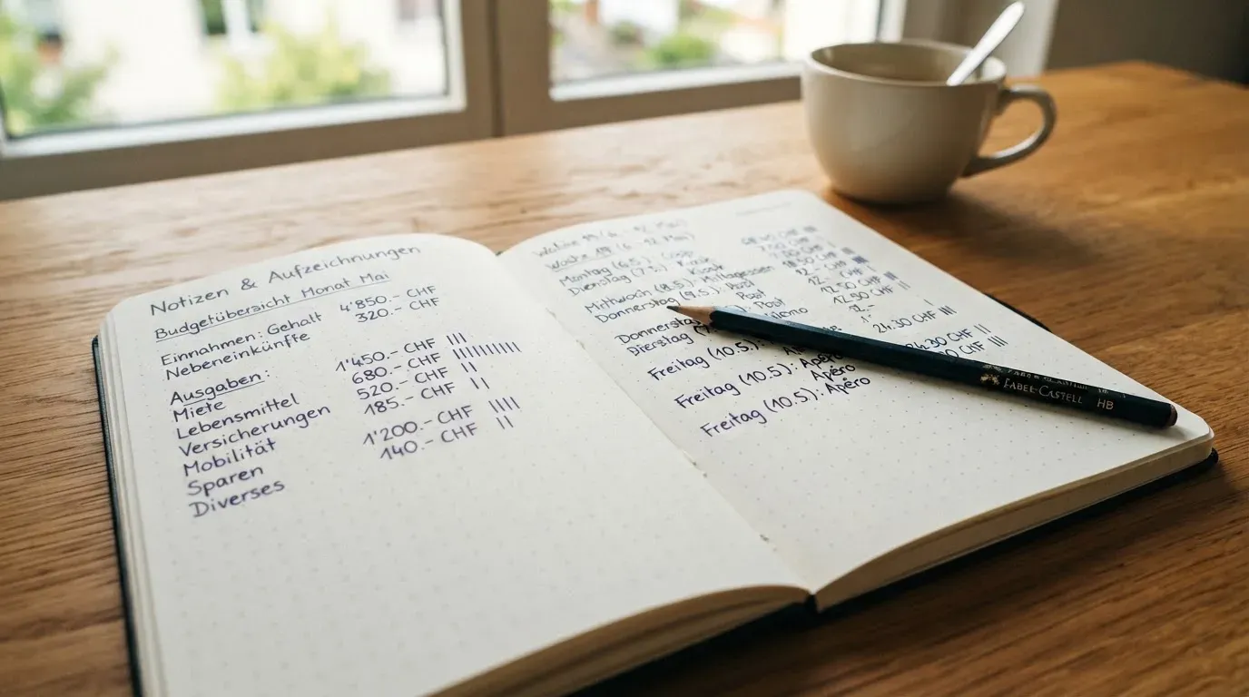Ein aufgeschlagenes Notizbuch mit handschriftlichen Spalten und ein Bleistift liegen auf einem Holztisch neben einem Fenster.