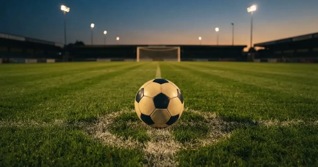 Ein Fussball liegt auf dem Anstosspunkt eines leeren Rasenplatzes, im Hintergrund glimmen Flutlichtmasten im Abendlicht.