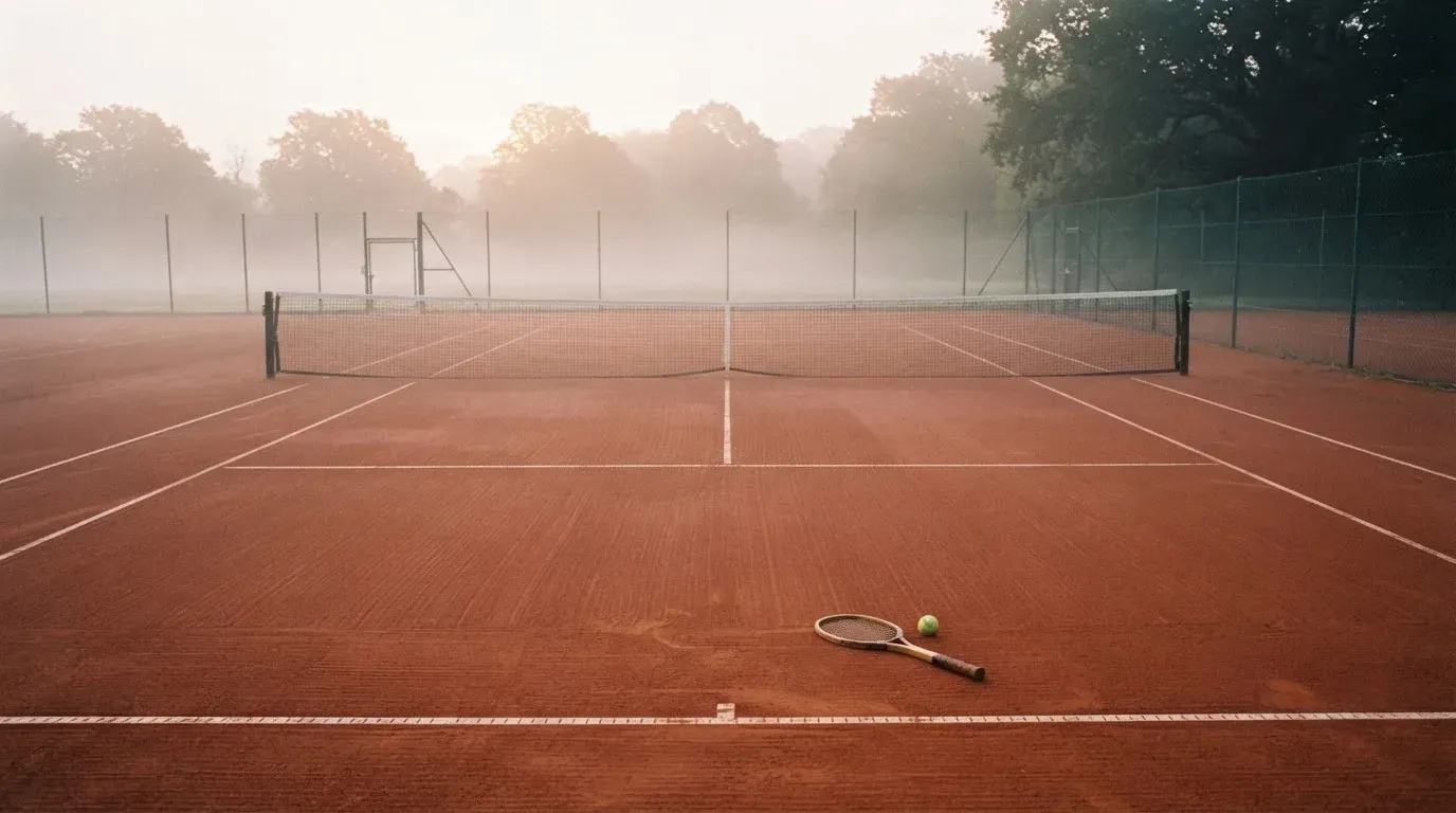 Ein Tennisplatz aus Sand liegt im Morgengrauen still da, Nebel hängt über der Grundlinie und dem aufgespannten Netz.