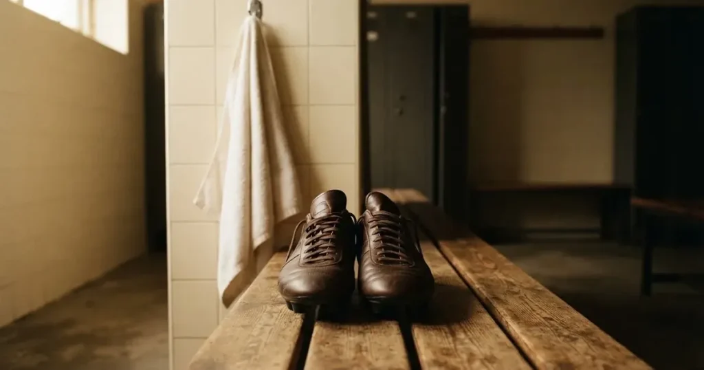 Ein Paar Fussballschuhe steht auf einer Holzbank in einer leeren Umkleide, über der Bank hängt ein Handtuch.