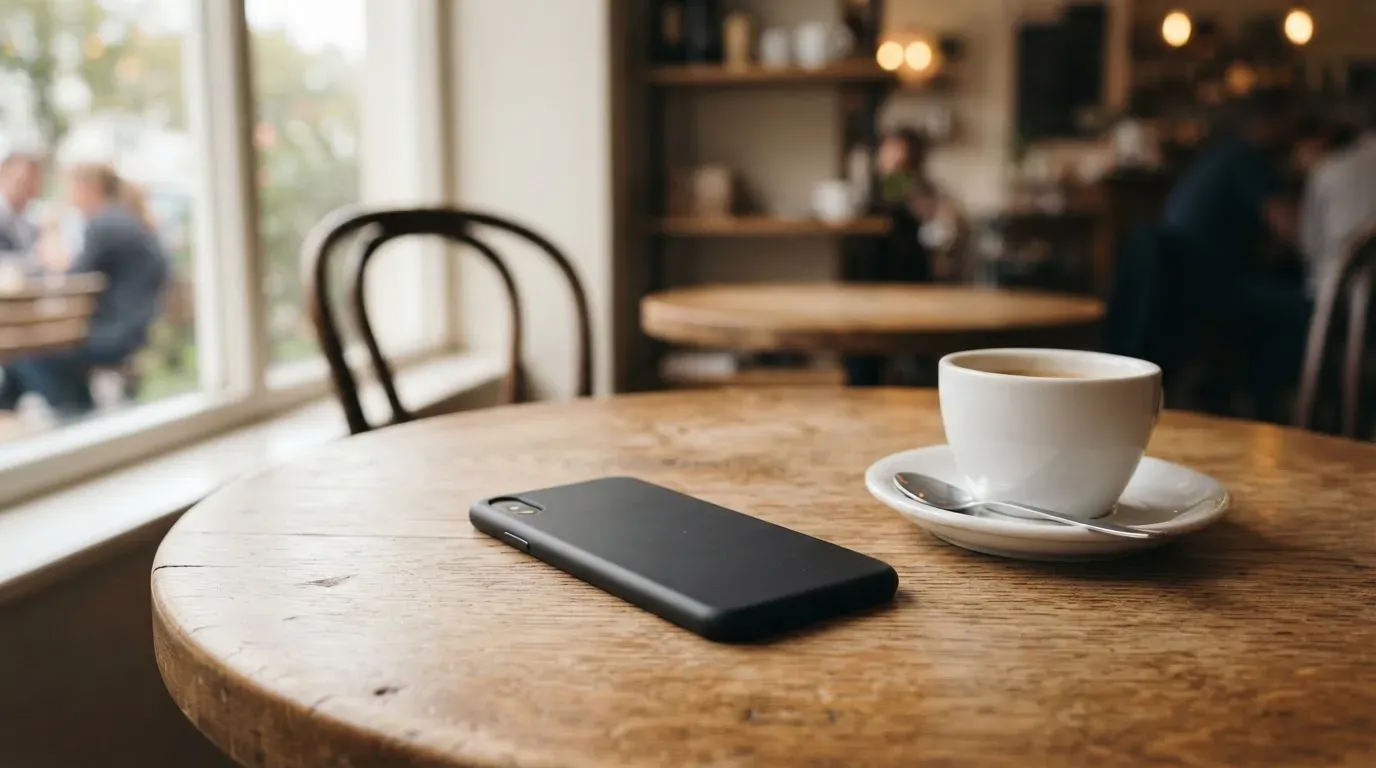 Ein Smartphone liegt mit der Rückseite nach oben auf einem Kaffeehaustisch neben einer Tasse und einem Löffel.