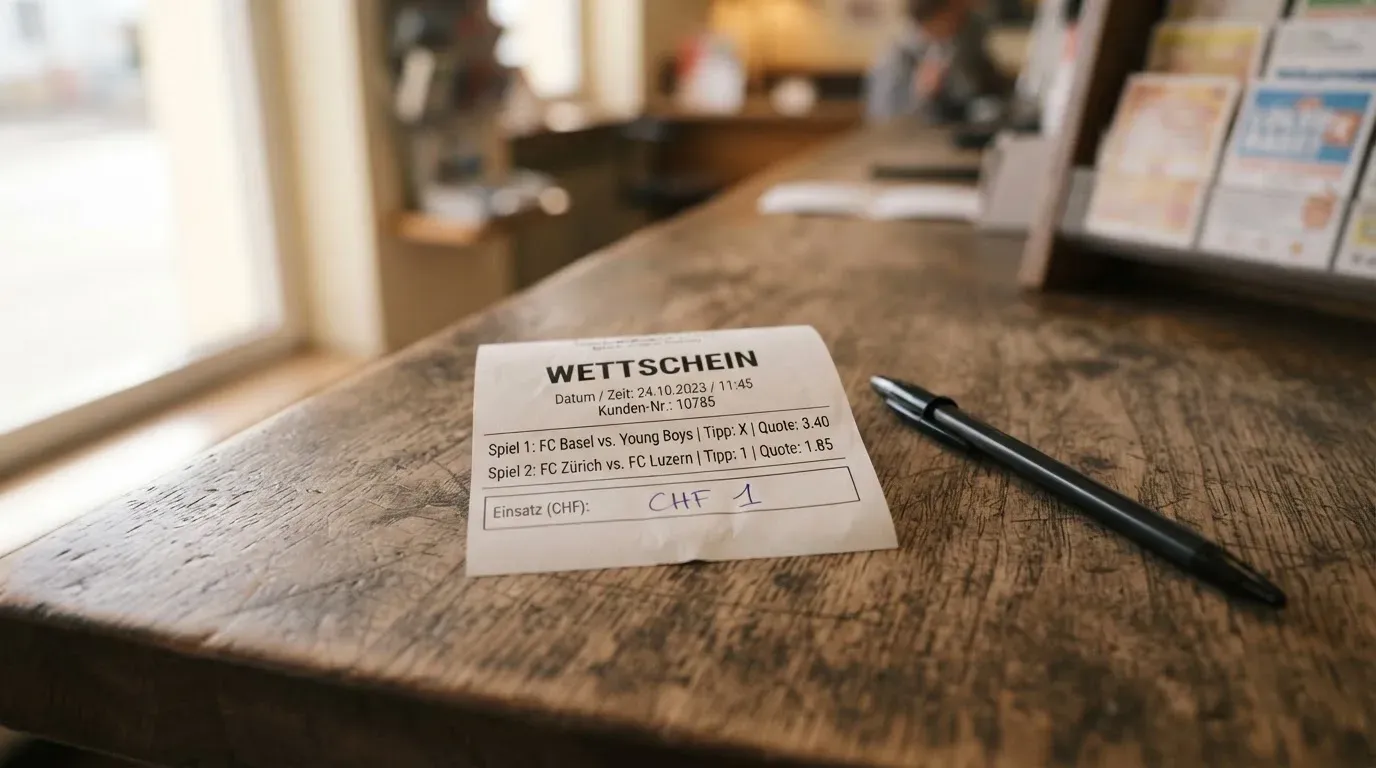 Ein unbeschriebener Papierwettschein und ein Kugelschreiber liegen auf einer hölzernen Ladentheke im Tageslicht.