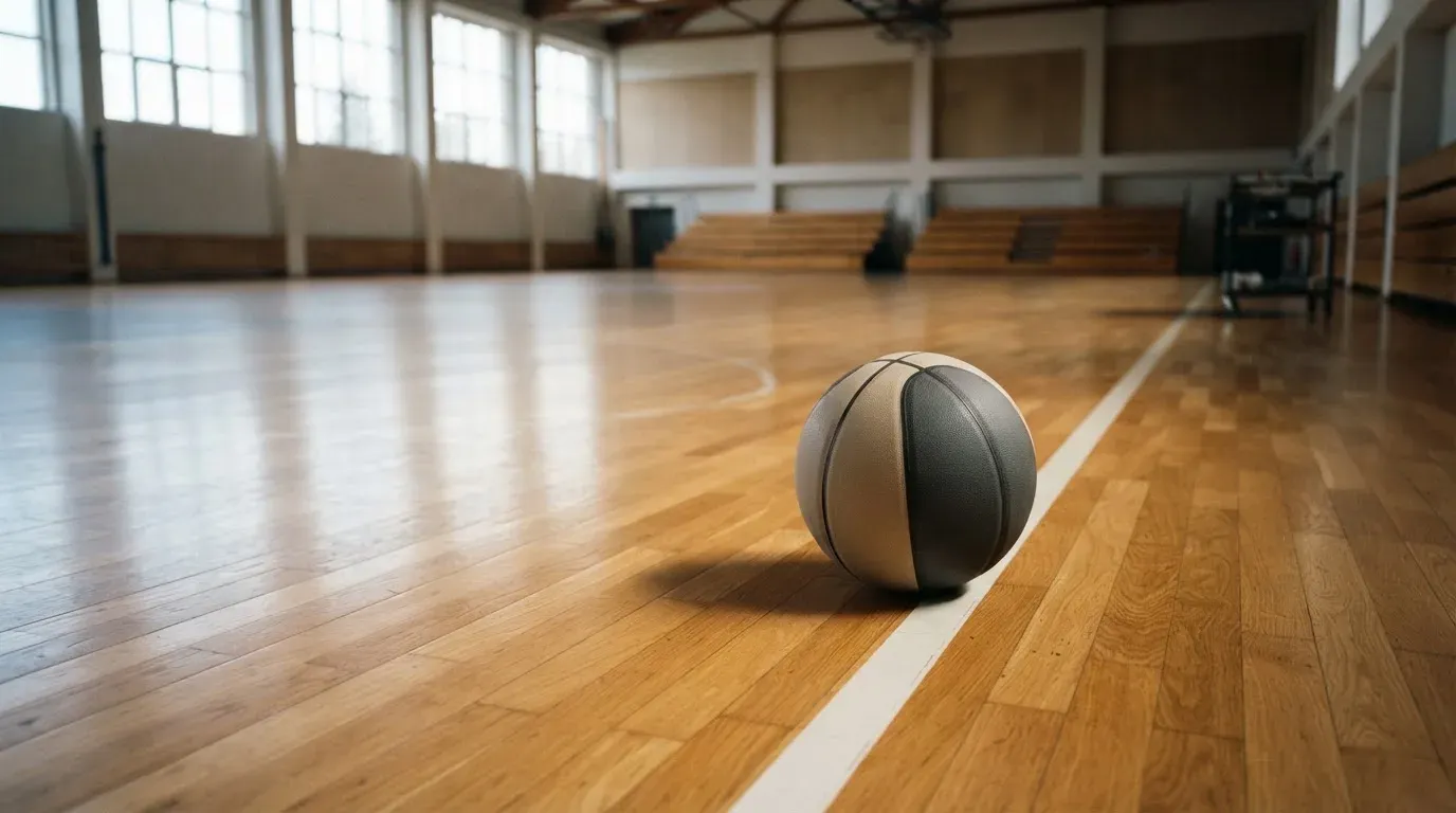 Ein Basketball ruht auf dem Parkett einer leeren Sporthalle, durch hohe Fenster fällt Tageslicht.