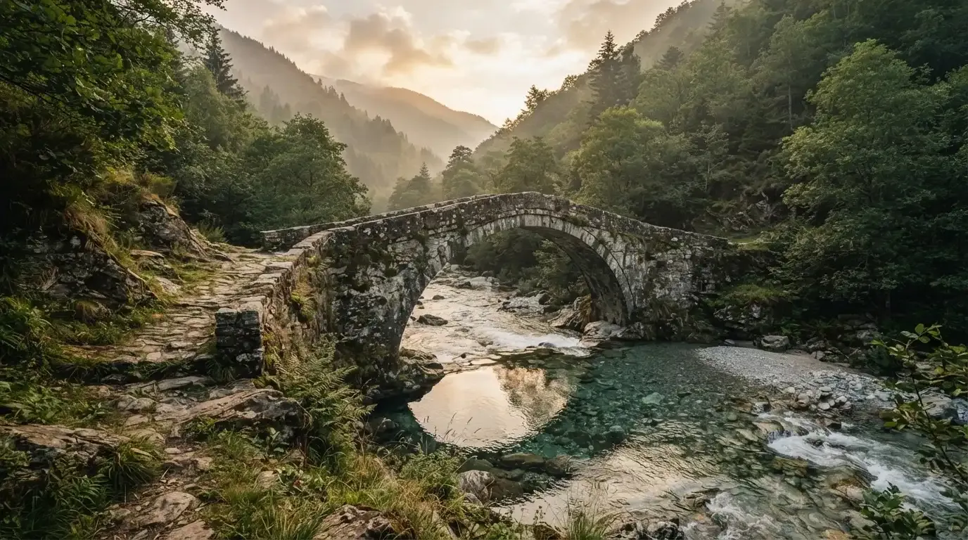 Eine alte Steinbrücke überspannt einen Gebirgsfluss, im Hintergrund steigen bewaldete Hänge an.