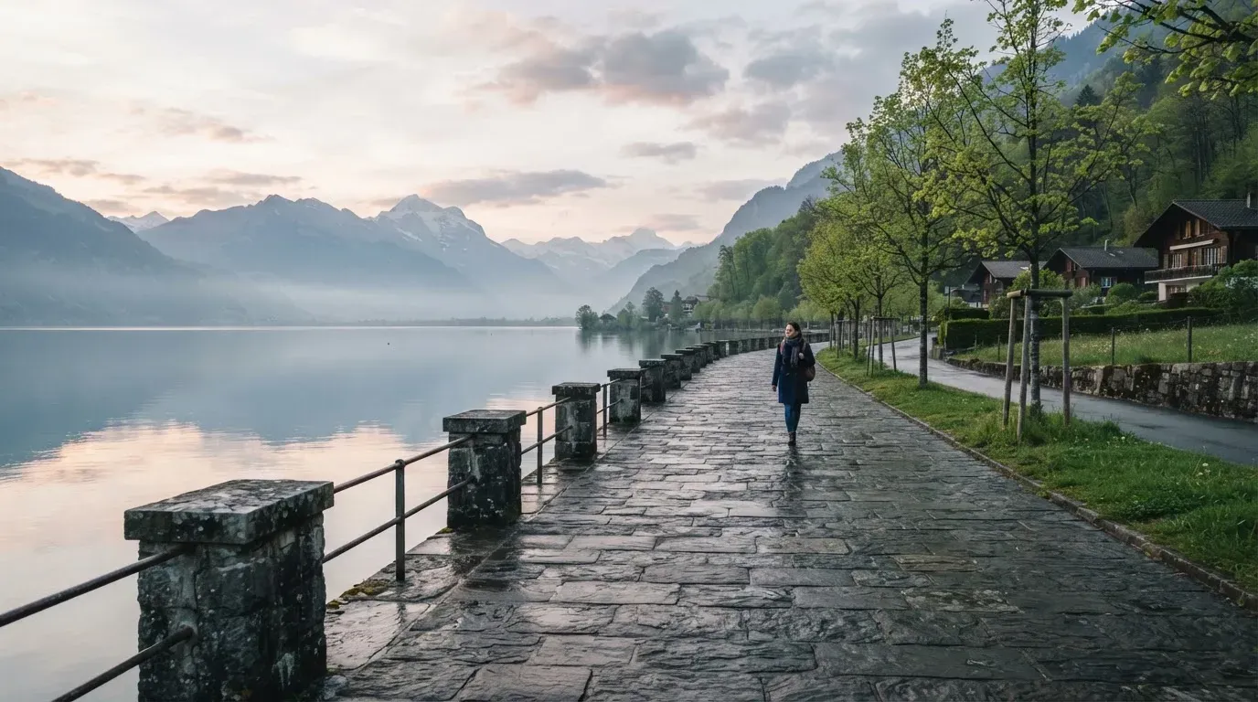 Eine Uferpromenade an einem Schweizer See liegt am frühen Morgen leer da, am anderen Ufer ragen Berge auf.
