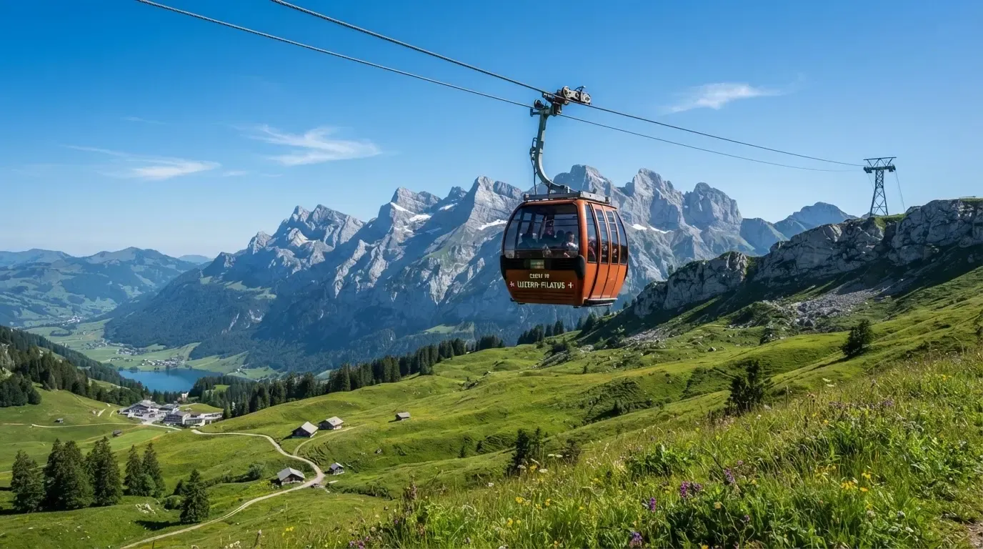Eine Seilbahnkabine schwebt über einer Alpwiese, im Hintergrund zeichnen sich Felswände ab.