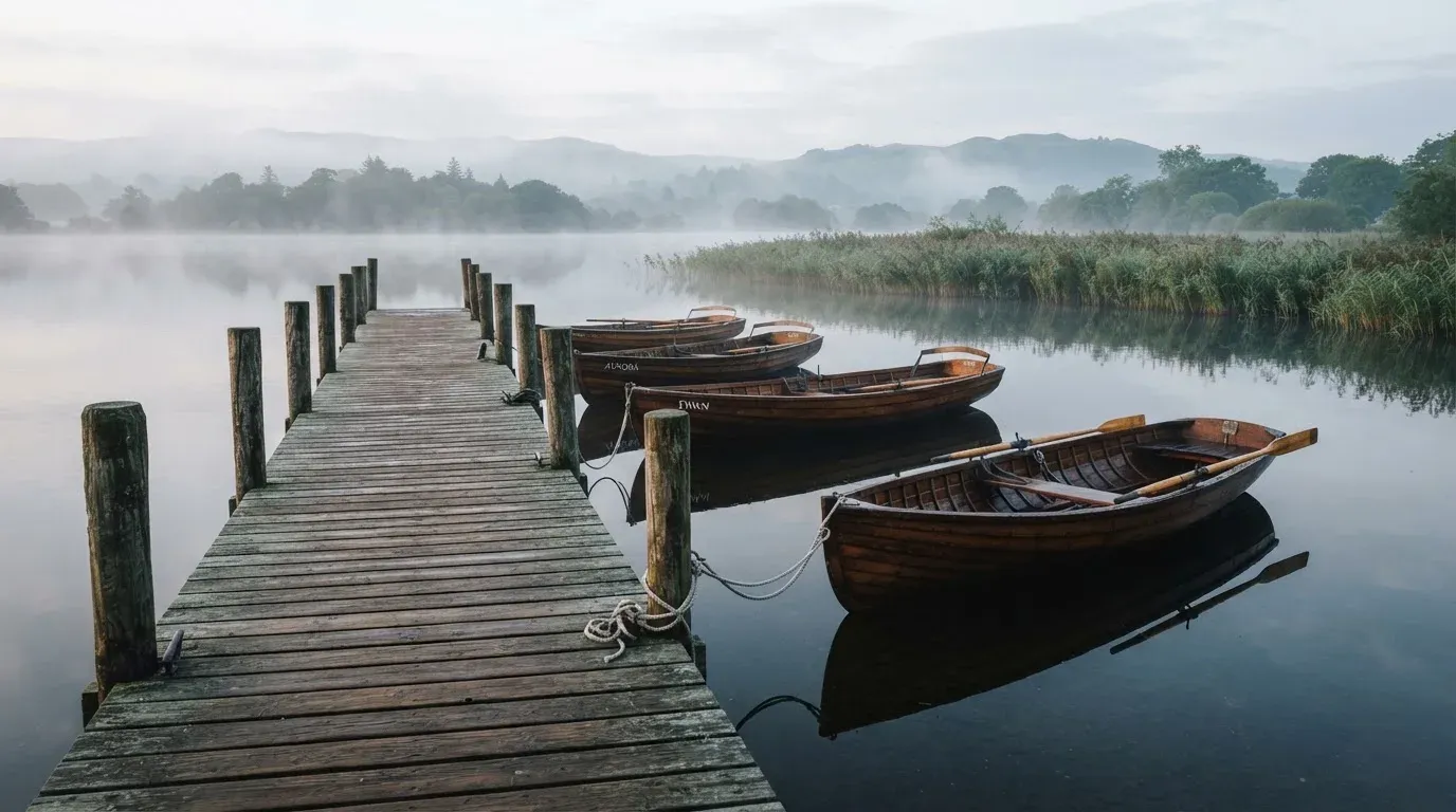 Ruderboote liegen am hölzernen Steg eines Sees, über dem Wasser hängt feiner Morgendunst.