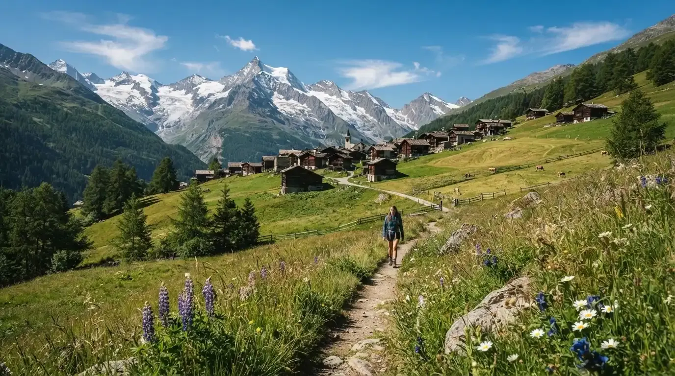 Ein Wanderweg führt durch eine Almwiese zu einem Bergdorf, in der Ferne liegt Schnee auf den Gipfeln.
