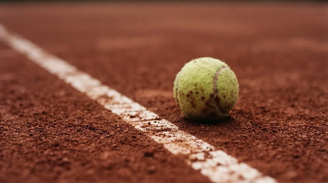 Ein Tennisball liegt auf rotem Sand neben einer verblassten Linie, das Licht ist weich.