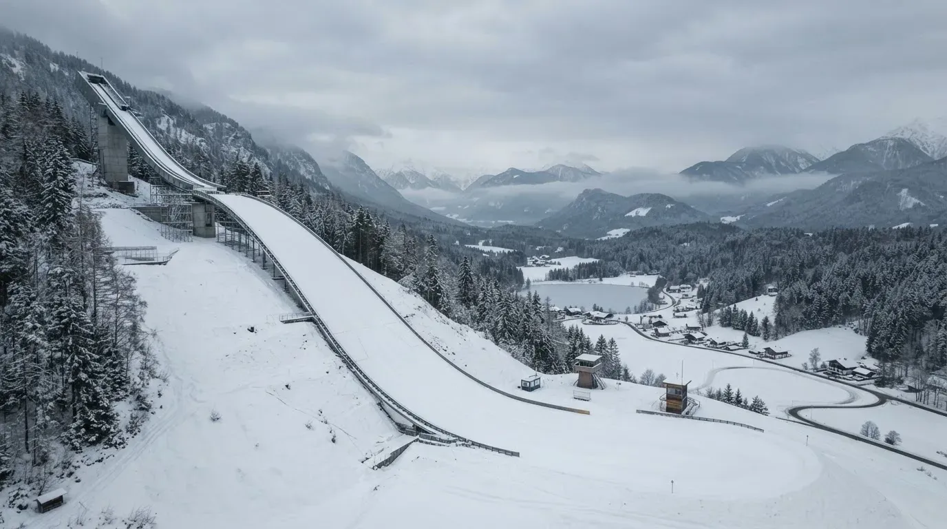 Eine verschneite Skisprungschanze erhebt sich unter grauem Himmel über einem stillen Tal.