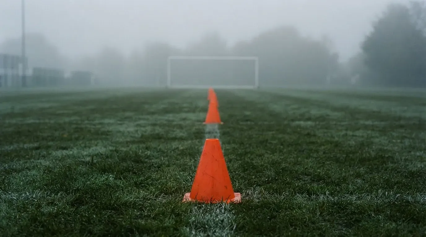 Orange Pylonen stehen auf einem Trainingsplatz im Nebel, die Ränder des Platzes verschwimmen im Dunst.