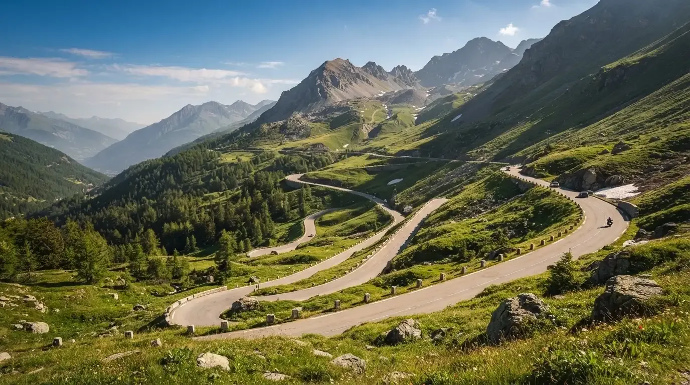 Eine Passstrasse zieht sich in Kehren einen Alpenhang hinauf, kein Fahrzeug ist zu sehen.