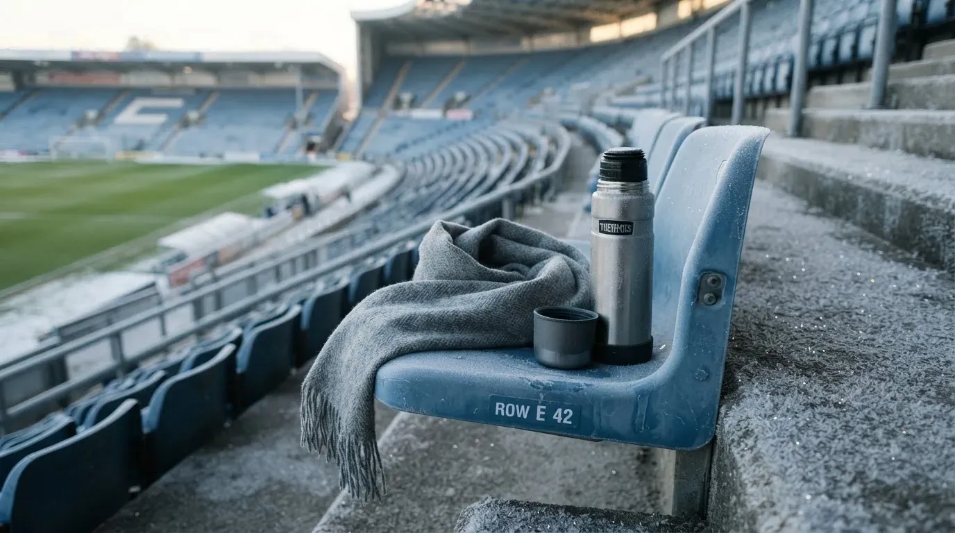 Ein grauer Wollschal und eine Thermoskanne liegen auf einem Sitz im winterlichen Stadion, Raureif liegt auf den Stufen.