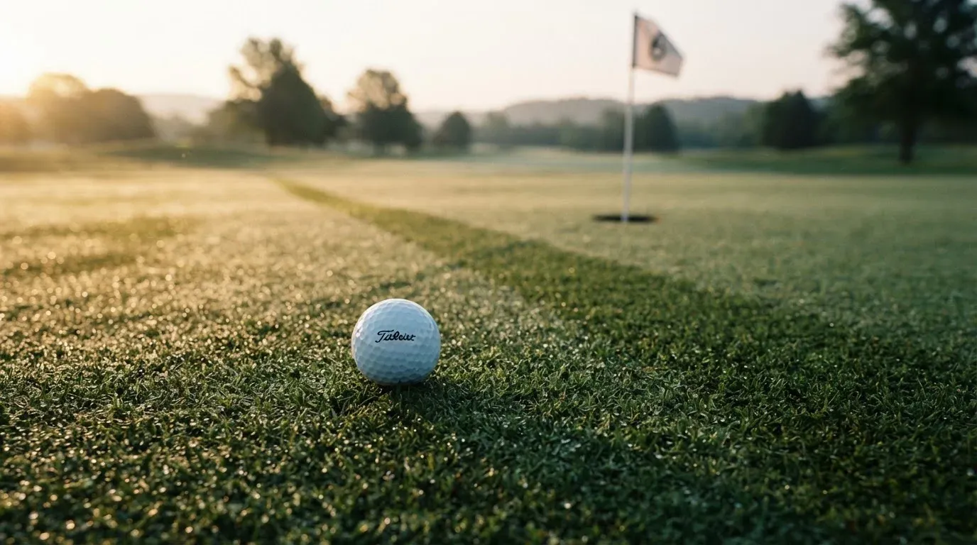 Ein Golfgrün liegt am frühen Morgen im Tau, ein Ball liegt nahe dem Loch.