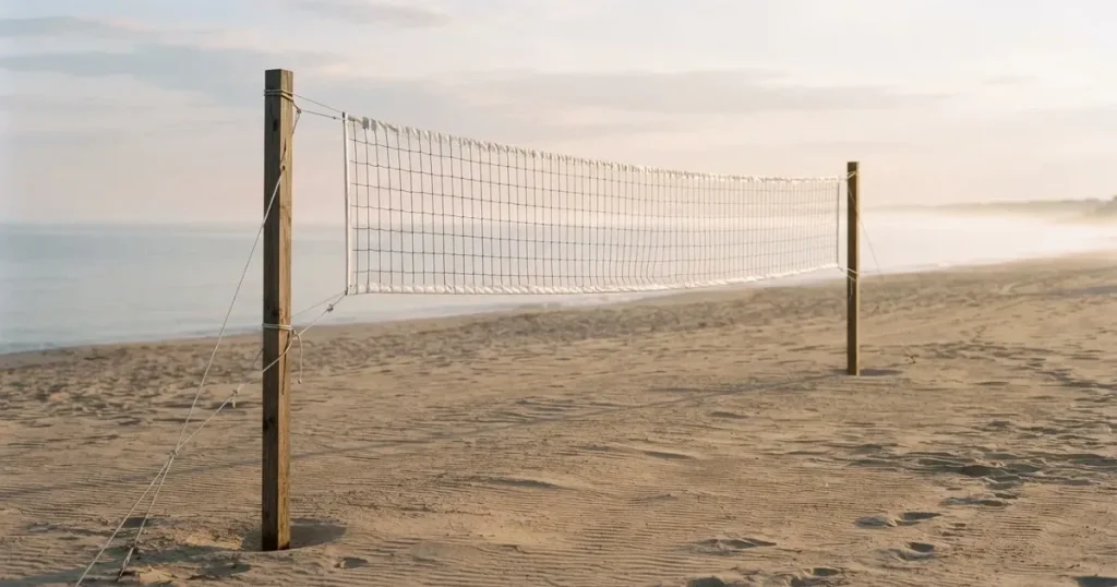 Ein Volleyballnetz spannt sich an einem leeren Sandstrand, das Meer liegt im Dunst.