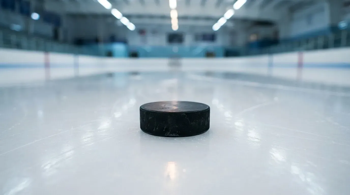 Ein Eishockeypuck liegt in Grossaufnahme auf glatter Eisfläche, im Eis spiegeln sich Hallenlichter.
