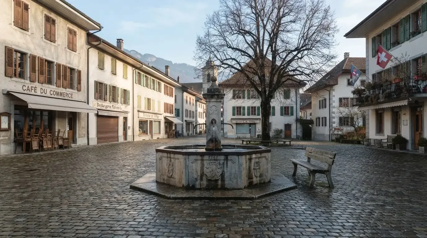 Ein Dorfplatz mit steinernem Brunnen liegt am Vormittag still da, die Läden ringsum sind noch geschlossen.