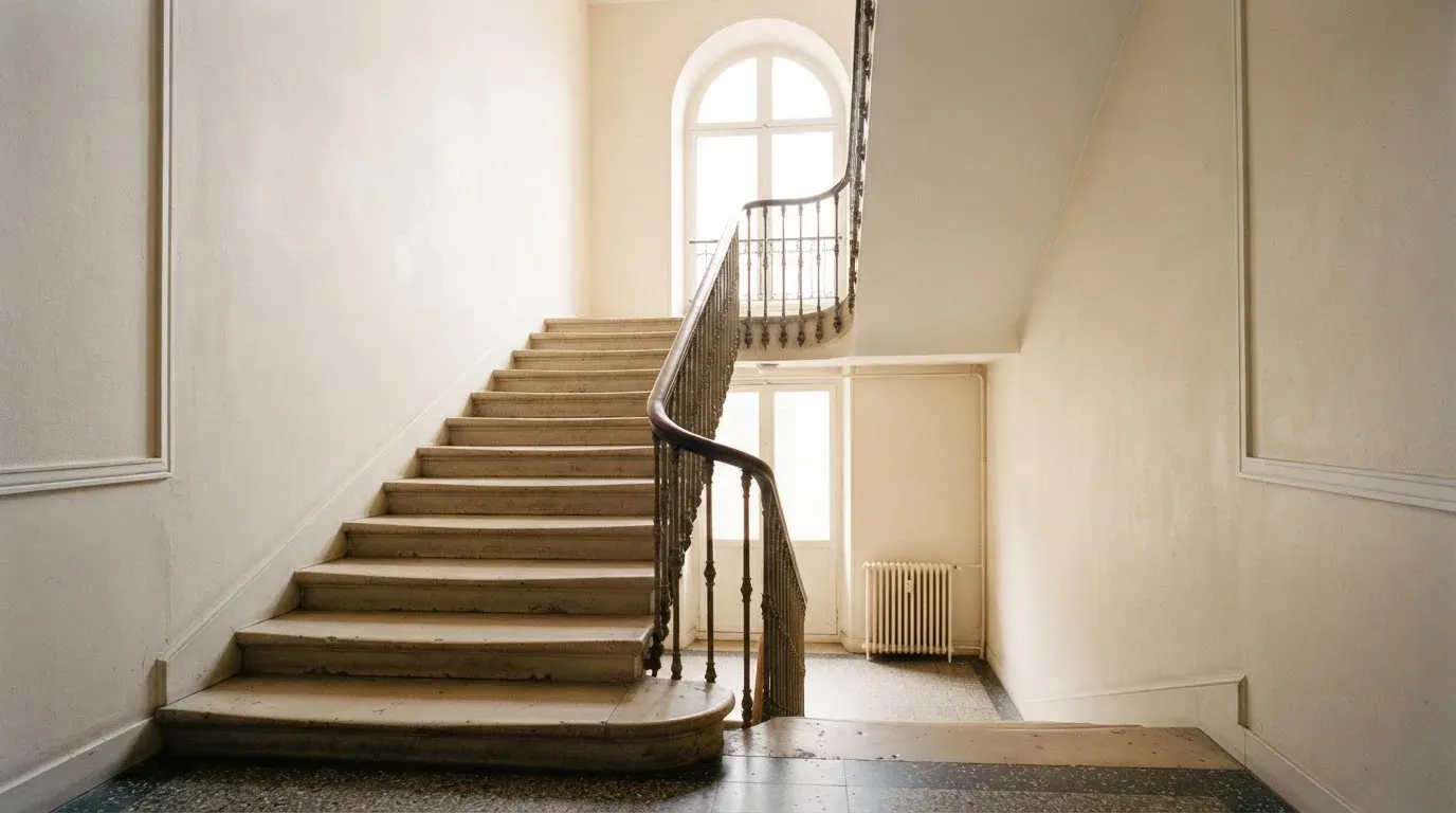 Ein Treppenhaus aus hellem Stein führt in einem Altbau nach oben, Licht fällt durch ein hohes Fenster.